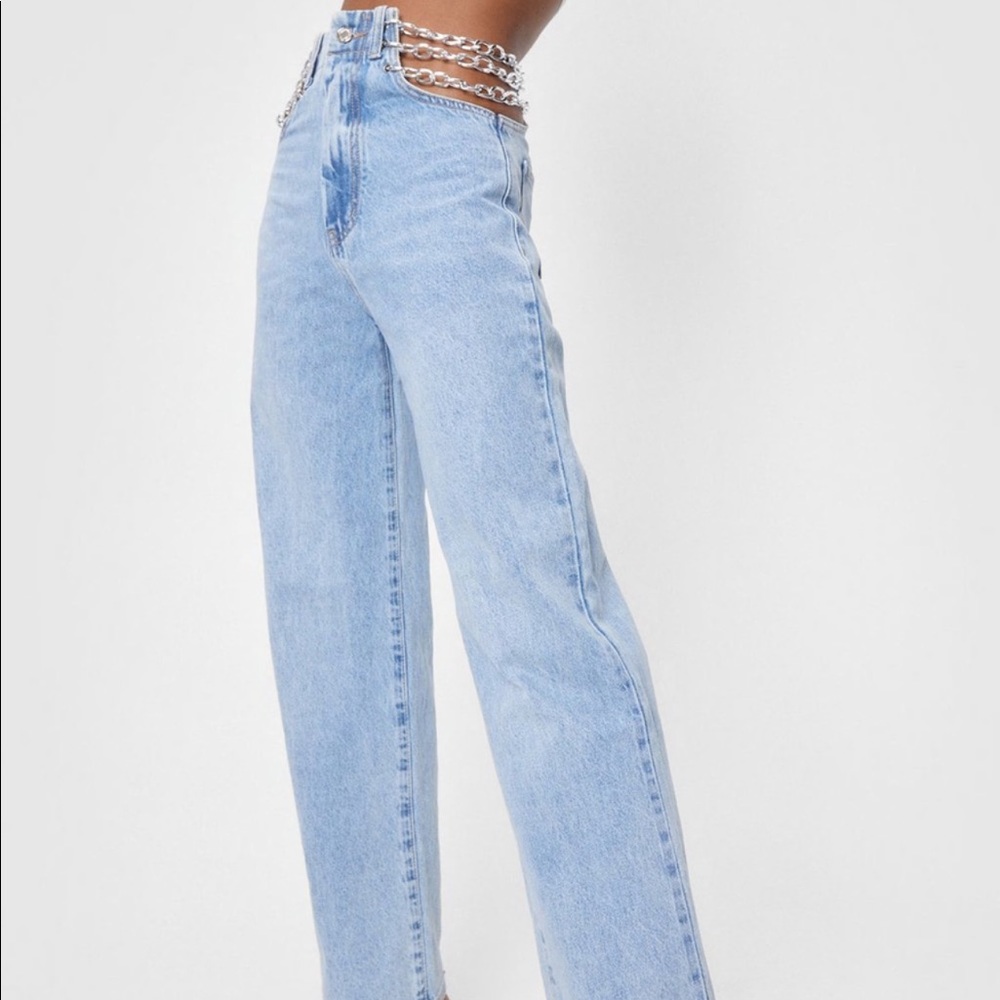 Nasty Gal XS Chain Detail High Waisted Straight Leg Jeans